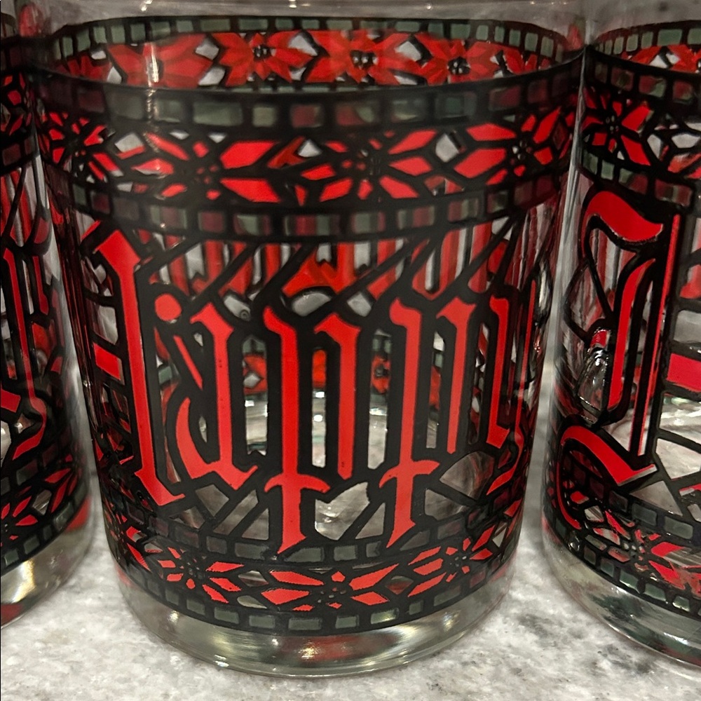 Vintage Houze Happy Holidays stained glass rocks glasses